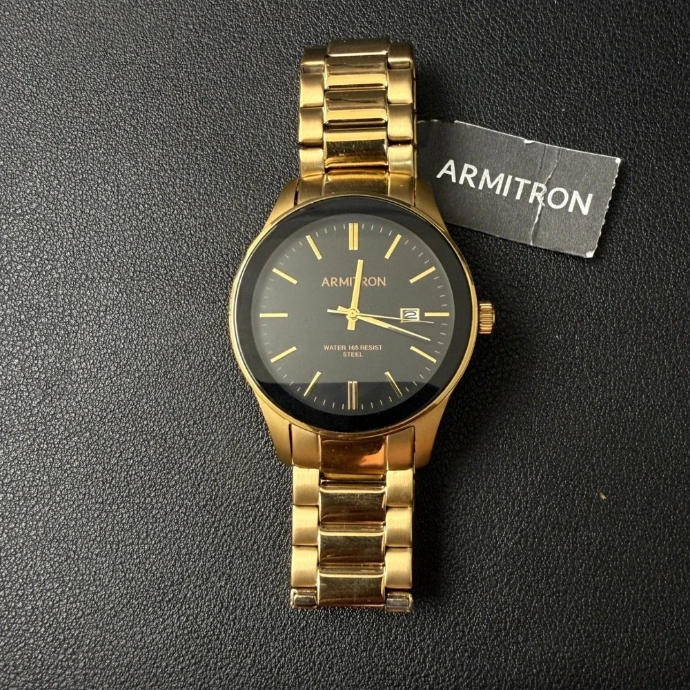 Armitron 20/5374GP Men's Gold Tone Date Black Dial Bracelet Watch New Battery